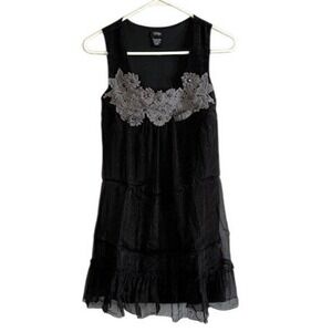 Vanity Black Tiered Sleeveless Tunic Mini Dress Grey Floral Lace Applique Sz S